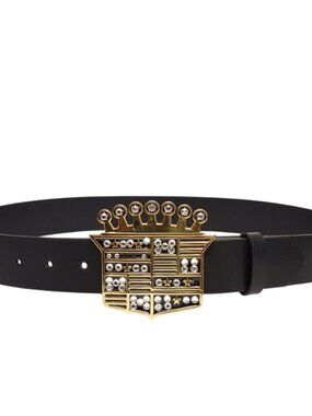 Unisex Statement Shiny Gold Shield Buckle  w. black leather belt